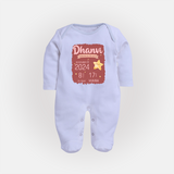 Personalized Birth Stats Sleep Suit/Full sleeve body suit | Custom Baby Sleep Suit/Full sleeve body suit with Name and Birth Information - BABY BLUE - New Born (Chest 7.5")