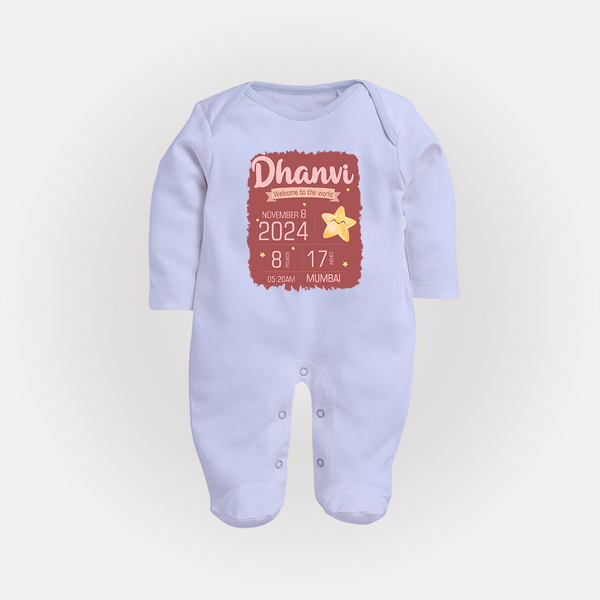 Personalized Birth Stats Sleep Suit/Full sleeve body suit | Custom Baby Sleep Suit/Full sleeve body suit with Name and Birth Information - BABY BLUE - New Born (Chest 7.5")