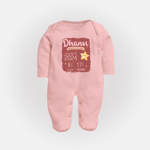 Personalized Birth Stats Sleep Suit/Full sleeve body suit | Custom Baby Sleep Suit/Full sleeve body suit with Name and Birth Information - BABY PINK - New Born (Chest 7.5")
