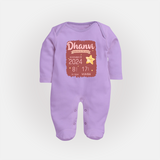Personalized Birth Stats Sleep Suit/Full sleeve body suit | Custom Baby Sleep Suit/Full sleeve body suit with Name and Birth Information - LILAC - New Born (Chest 7.5")