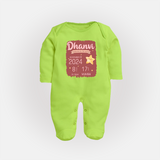 Personalized Birth Stats Sleep Suit/Full sleeve body suit | Custom Baby Sleep Suit/Full sleeve body suit with Name and Birth Information - LIME GREEN - New Born (Chest 7.5")