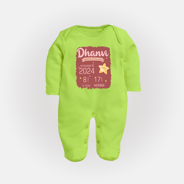 Personalized Birth Stats Sleep Suit/Full sleeve body suit | Custom Baby Sleep Suit/Full sleeve body suit with Name and Birth Information - LIME GREEN - New Born (Chest 7.5")