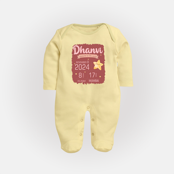 Personalized Birth Stats Sleep Suit/Full sleeve body suit | Custom Baby Sleep Suit/Full sleeve body suit with Name and Birth Information - PASTEL YELLOW - New Born (Chest 7.5")