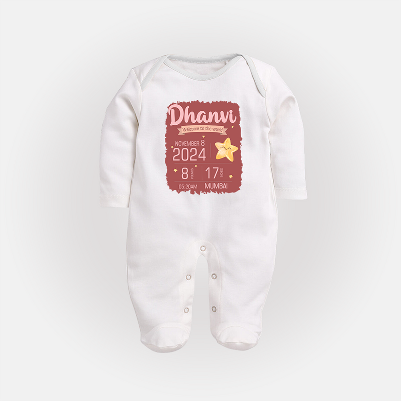 Personalized Birth Stats Sleep Suit/Full sleeve body suit | Custom Baby Sleep Suit/Full sleeve body suit with Name and Birth Information - WHITE - New Born (Chest 7.5")