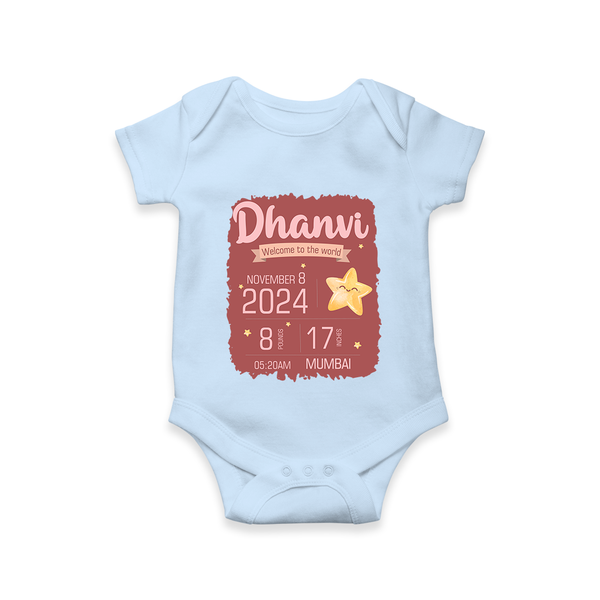 Personalized Birth Stats Romper | Custom Baby Romper with Name and Birth Information - BABY BLUE - New Born (Chest 14")