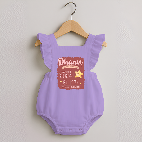Personalized Birth Stats Romper Frock | Custom Baby Romper Frock with Name and Birth Information - LILAC - 0 - 3 Months Old (Chest 19")