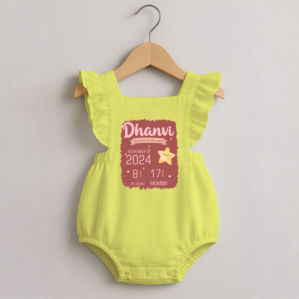 Personalized Birth Stats Romper Frock | Custom Baby Romper Frock with Name and Birth Information - PASTEL YELLOW - 0 - 3 Months Old (Chest 19")