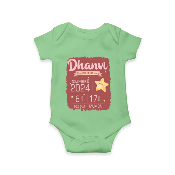 Personalized Birth Stats Romper | Custom Baby Romper with Name and Birth Information - GREEN - New Born (Chest 14")