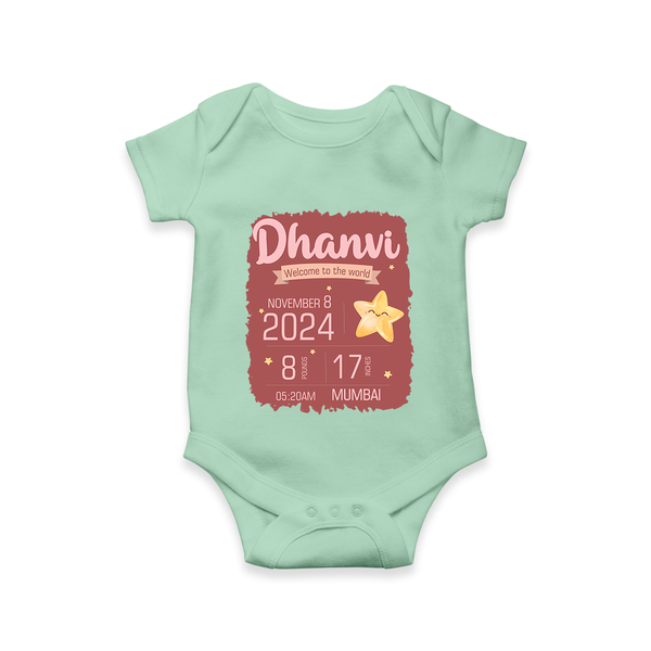 Personalized Birth Stats Romper | Custom Baby Romper with Name and Birth Information - MINT GREEN - New Born (Chest 14")