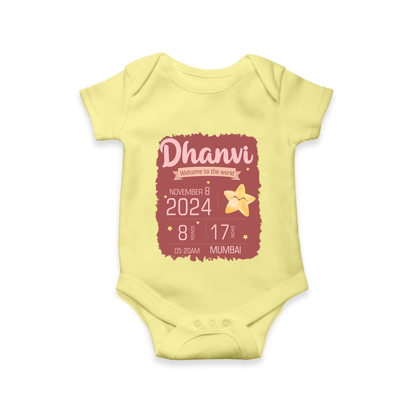 Personalized Birth Stats Romper | Custom Baby Romper with Name and Birth Information - PASTEL YELLOW - New Born (Chest 14")