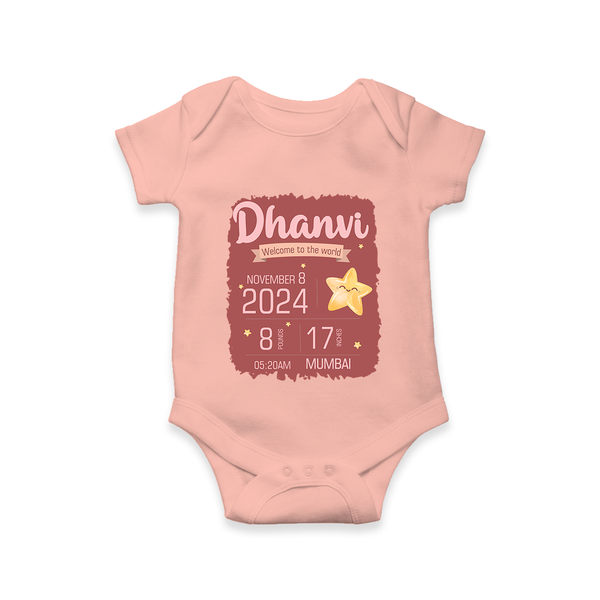Personalized Birth Stats Romper | Custom Baby Romper with Name and Birth Information - PEACH - New Born (Chest 14")