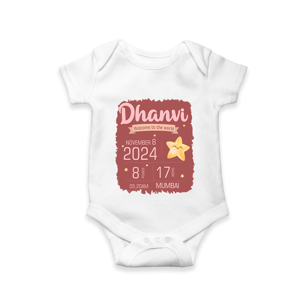 Personalized Birth Stats Romper | Custom Baby Romper with Name and Birth Information - WHITE - New Born (Chest 14")