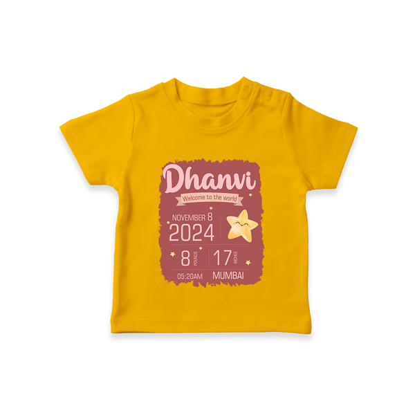 Personalized Birth Stats T-shirt | Custom Baby T-shirt with Name and Birth Information - CHROME YELLOW - 0-5 Months Old (Chest 17")