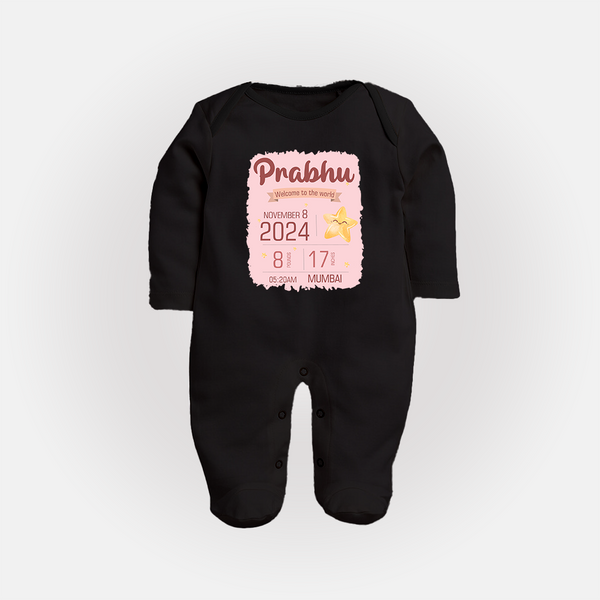 Personalized Birth Stats Sleep Suit/Full sleeve body suit | Custom Baby Sleep Suit/Full sleeve body suit with Name and Birth Information - BLACK - New Born (Chest 7.5")