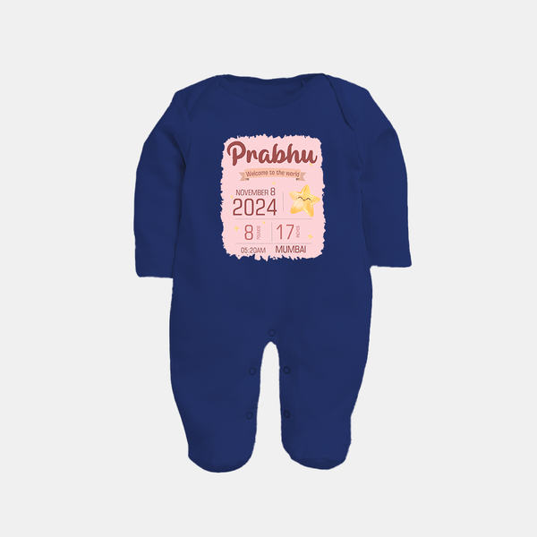 Personalized Birth Stats Sleep Suit/Full sleeve body suit | Custom Baby Sleep Suit/Full sleeve body suit with Name and Birth Information - NAVY BLUE - New Born (Chest 7.5")