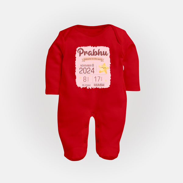 Personalized Birth Stats Sleep Suit/Full sleeve body suit | Custom Baby Sleep Suit/Full sleeve body suit with Name and Birth Information - RED - New Born (Chest 7.5")