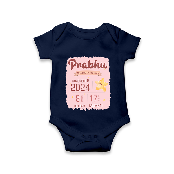 Personalized Birth Stats Romper | Custom Baby Romper with Name and Birth Information - NAVY BLUE - New Born (Chest 14")