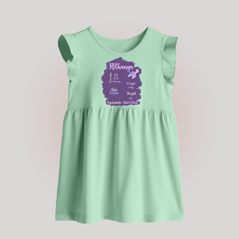 Birthday Stats Baby Baby Frock | Personalized Baby Frock with Baby's Special Info - MINT GREEN - 0 - 3 Months Old (Chest 17")