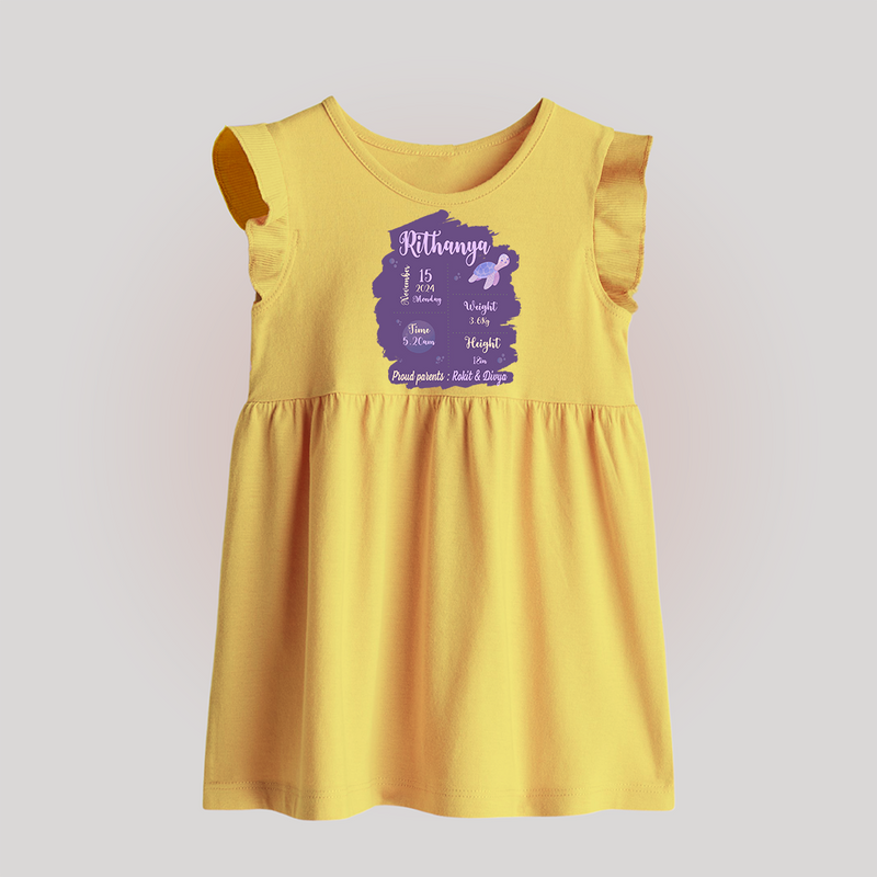 Birthday Stats Baby Baby Frock | Personalized Baby Frock with Baby's Special Info - PASTEL YELLOW - 0 - 3 Months Old (Chest 17")