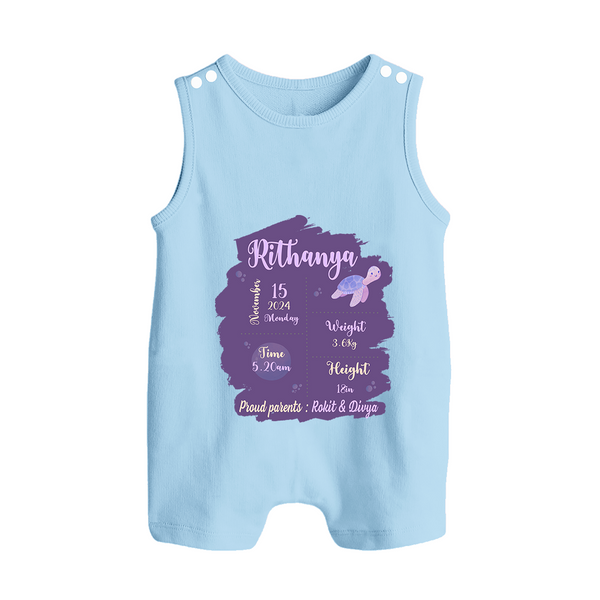 Birthday Stats Baby Romper Suit/Sleeveless Romper | Personalized Romper Suit/Sleeveless Romper with Baby's Special Info - BABY BLUE - 0 - 5 Months Old (Chest 18")