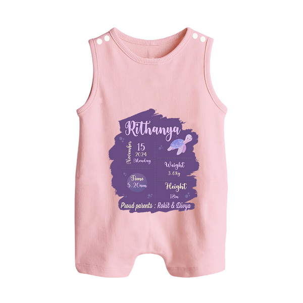 Birthday Stats Baby Romper Suit/Sleeveless Romper | Personalized Romper Suit/Sleeveless Romper with Baby's Special Info - BABY PINK - 0 - 5 Months Old (Chest 18")