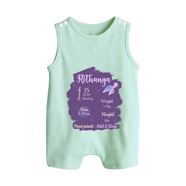 Birthday Stats Baby Romper Suit/Sleeveless Romper | Personalized Romper Suit/Sleeveless Romper with Baby's Special Info - MINT GREEN - 0 - 5 Months Old (Chest 18")