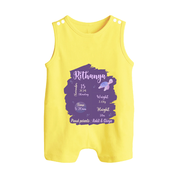 Birthday Stats Baby Romper Suit/Sleeveless Romper | Personalized Romper Suit/Sleeveless Romper with Baby's Special Info - PASTEL YELLOW - 0 - 5 Months Old (Chest 18")