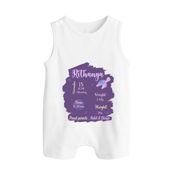 Birthday Stats Baby Romper Suit/Sleeveless Romper | Personalized Romper Suit/Sleeveless Romper with Baby's Special Info - WHITE - 0 - 5 Months Old (Chest 18")