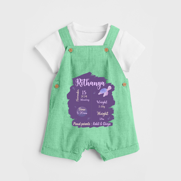Birthday Stats Baby Dungaree Set | Personalized Dungaree Set with Baby's Special Info - GREEN - 0 - 5 Months Old (Chest 18")