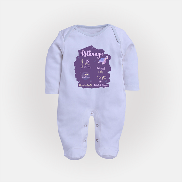 Birthday Stats Baby Sleep Suit/Full sleeve body suit | Personalized Sleep Suit/Full sleeve body suit with Baby's Special Info - BABY BLUE - New Born (Chest 7.5")