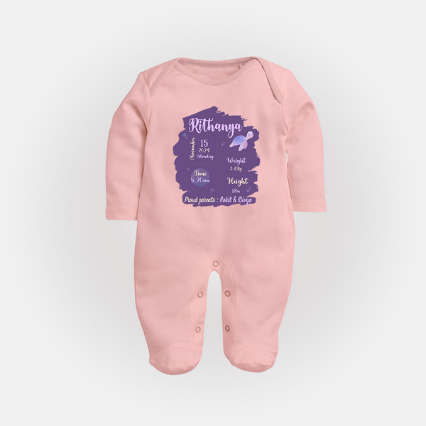 Birthday Stats Baby Sleep Suit/Full sleeve body suit | Personalized Sleep Suit/Full sleeve body suit with Baby's Special Info - BABY PINK - New Born (Chest 7.5")