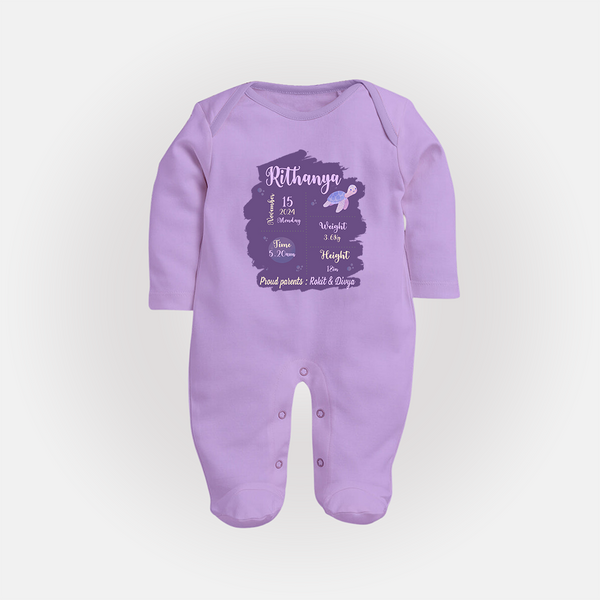 Birthday Stats Baby Sleep Suit/Full sleeve body suit | Personalized Sleep Suit/Full sleeve body suit with Baby's Special Info - LILAC - New Born (Chest 7.5")