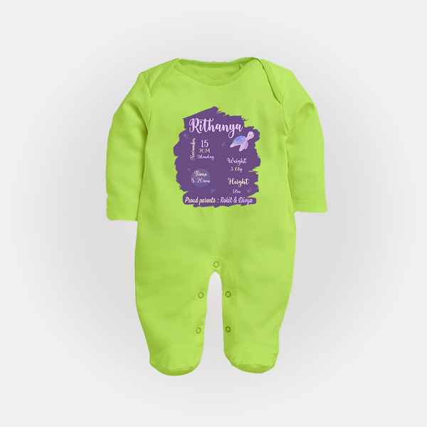Birthday Stats Baby Sleep Suit/Full sleeve body suit | Personalized Sleep Suit/Full sleeve body suit with Baby's Special Info - LIME GREEN - New Born (Chest 7.5")
