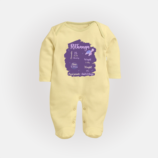 Birthday Stats Baby Sleep Suit/Full sleeve body suit | Personalized Sleep Suit/Full sleeve body suit with Baby's Special Info - PASTEL YELLOW - New Born (Chest 7.5")