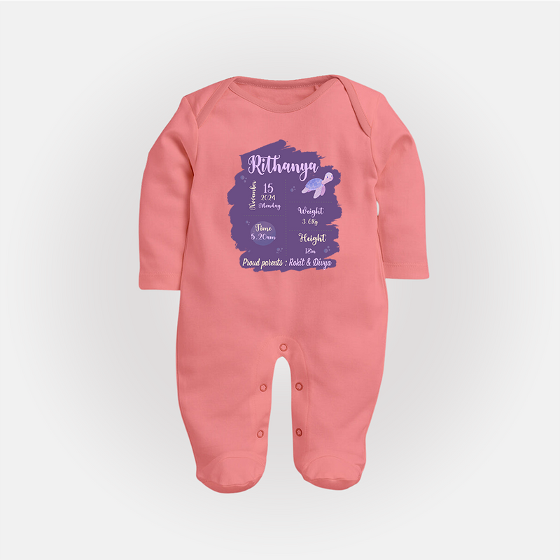 Birthday Stats Baby Sleep Suit/Full sleeve body suit | Personalized Sleep Suit/Full sleeve body suit with Baby's Special Info - PEACH - New Born (Chest 7.5")