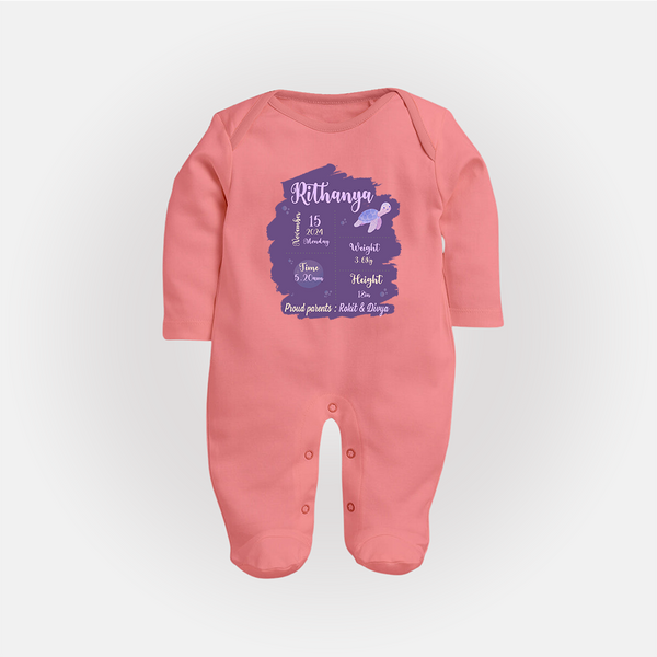 Birthday Stats Baby Sleep Suit/Full sleeve body suit | Personalized Sleep Suit/Full sleeve body suit with Baby's Special Info - PEACH - New Born (Chest 7.5")