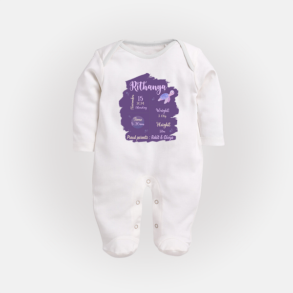 Birthday Stats Baby Sleep Suit/Full sleeve body suit | Personalized Sleep Suit/Full sleeve body suit with Baby's Special Info - WHITE - New Born (Chest 7.5")