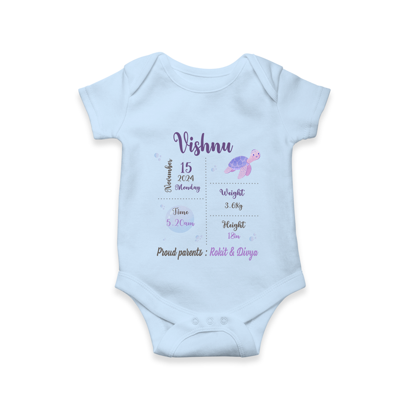 "A Star Is Born - Customized Romper With Baby Name, Weight, Parents Name And Birth Details" - BABY BLUE - 0 - 3 Months Old (Chest 16")