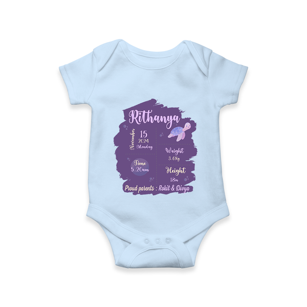 Birthday Stats Baby Romper | Personalized Romper with Baby's Special Info - BABY BLUE - New Born (Chest 14")