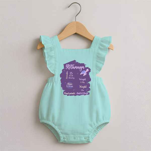 Birthday Stats Baby Romper Frock | Personalized Romper Frock with Baby's Special Info - MINT GREEN - 0 - 3 Months Old (Chest 19")