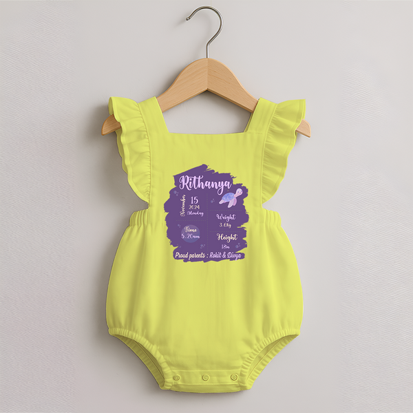 Birthday Stats Baby Romper Frock | Personalized Romper Frock with Baby's Special Info - PASTEL YELLOW - 0 - 3 Months Old (Chest 19")
