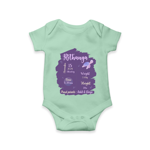 Birthday Stats Baby Romper | Personalized Romper with Baby's Special Info - MINT GREEN - New Born (Chest 14")