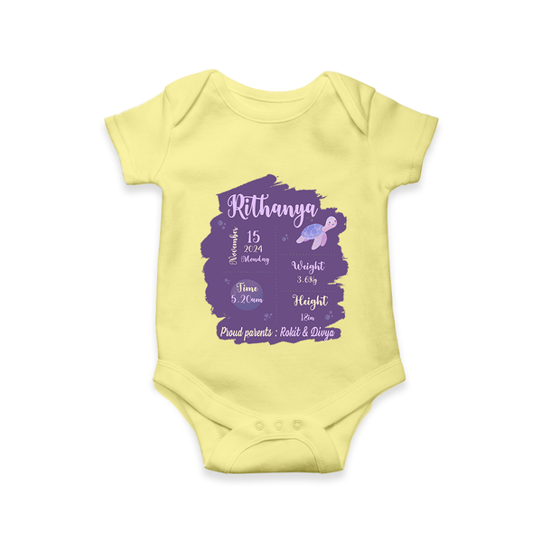 Birthday Stats Baby Romper | Personalized Romper with Baby's Special Info - PASTEL YELLOW - New Born (Chest 14")