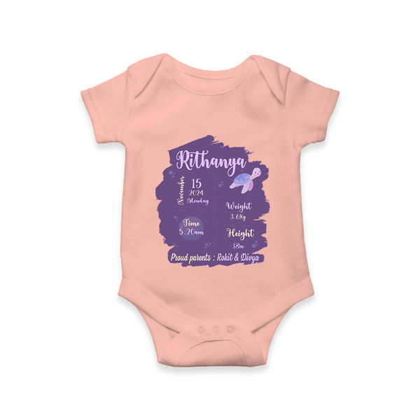 Birthday Stats Baby Romper | Personalized Romper with Baby's Special Info - PEACH - New Born (Chest 14")