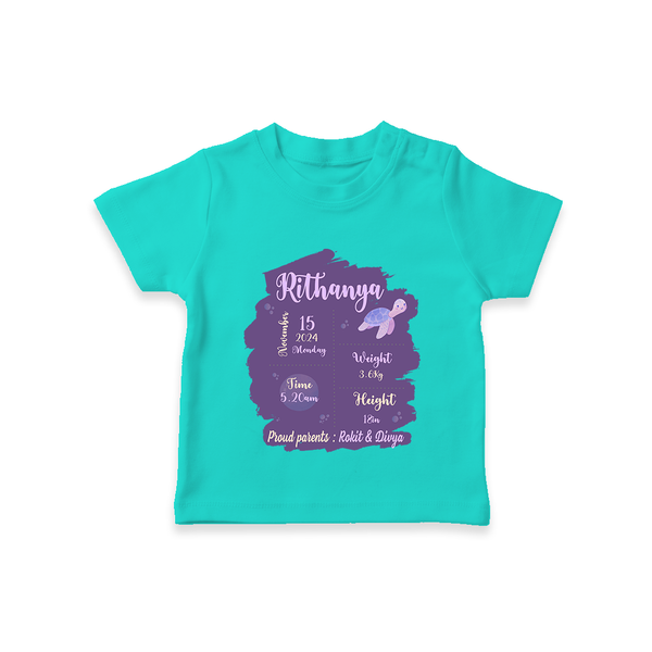 Birthday Stats Baby T-shirt | Personalized T-shirt with Baby's Special Info - TEAL - 0-5 Months Old (Chest 17")