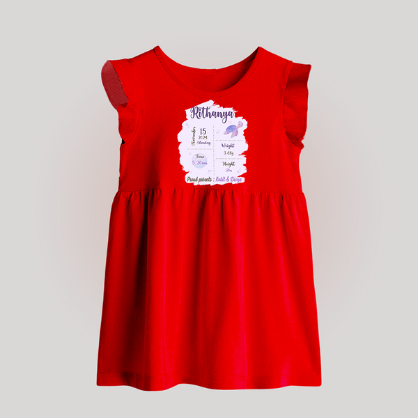 Birthday Stats Baby Baby Frock | Personalized Baby Frock with Baby's Special Info - RED - 0 - 3 Months Old (Chest 17")