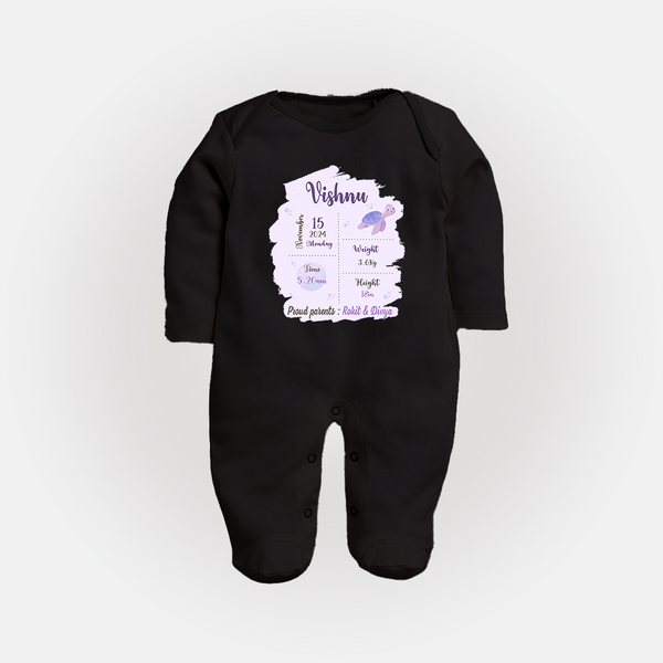 Birthday Stats Baby Sleep Suit/Full sleeve body suit | Personalized Sleep Suit/Full sleeve body suit with Baby's Special Info - BLACK - New Born (Chest 7.5")