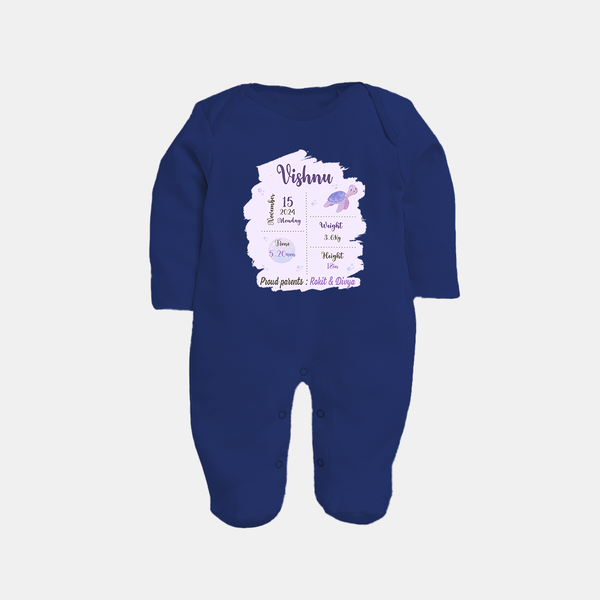 Birthday Stats Baby Sleep Suit/Full sleeve body suit | Personalized Sleep Suit/Full sleeve body suit with Baby's Special Info - NAVY BLUE - New Born (Chest 7.5")