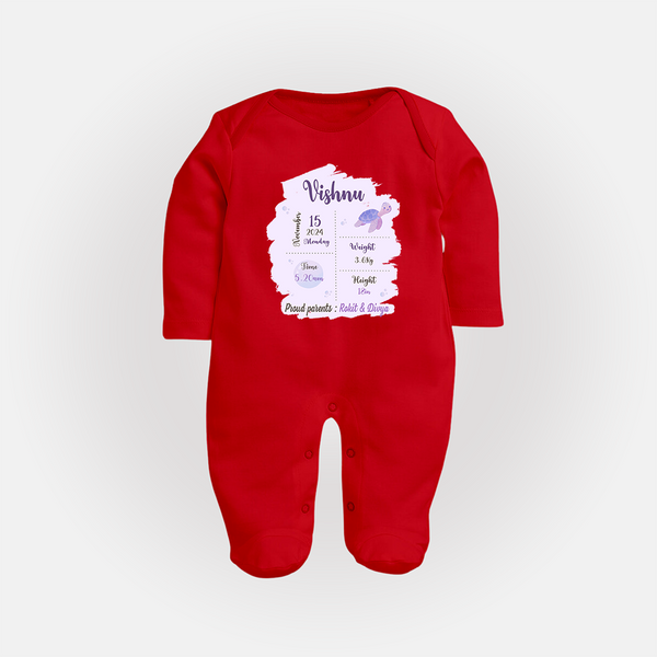 Birthday Stats Baby Sleep Suit/Full sleeve body suit | Personalized Sleep Suit/Full sleeve body suit with Baby's Special Info - RED - New Born (Chest 7.5")