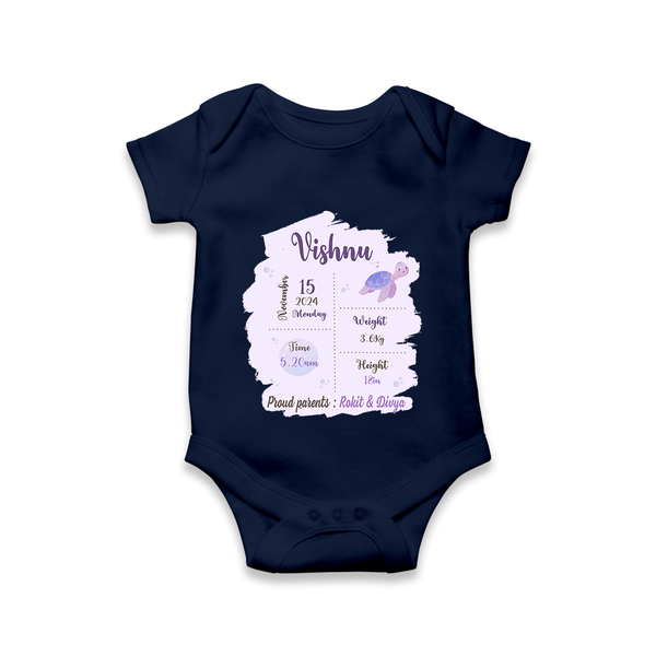 Birthday Stats Baby Romper | Personalized Romper with Baby's Special Info - NAVY BLUE - New Born (Chest 14")